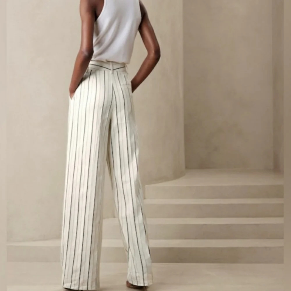 Banana Republic Wide Leg Linen Blend Cream Striped Trousers Size 10p